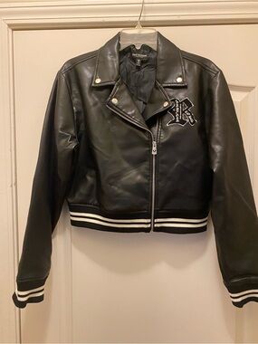 True Religion Black Faux Leather Moto Varsity Jacket with White Stripe Trim